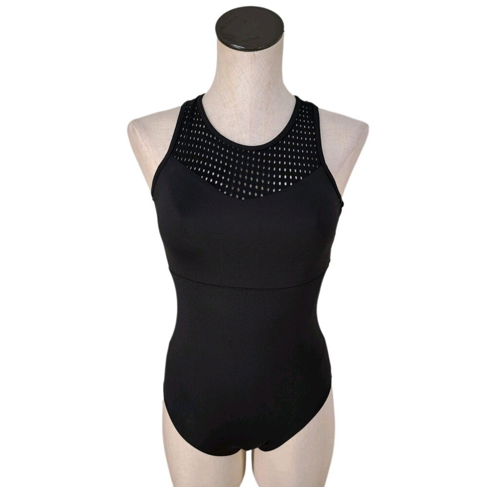 Aja VTG Strappy Crossback Belted Mesh Tank Leotard Black Women's AS Size S - Picture 5 of 16